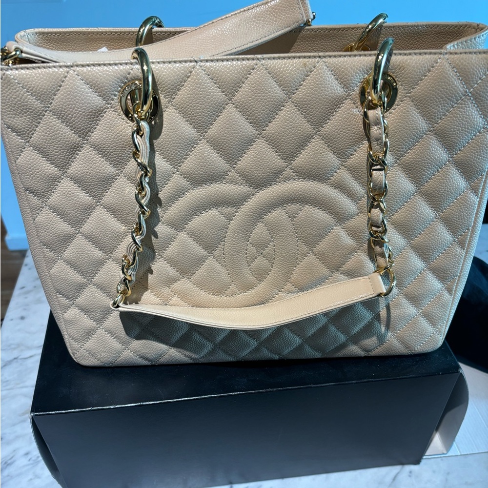 Beige Caviar Leather Grand Shopping Tote (GST)